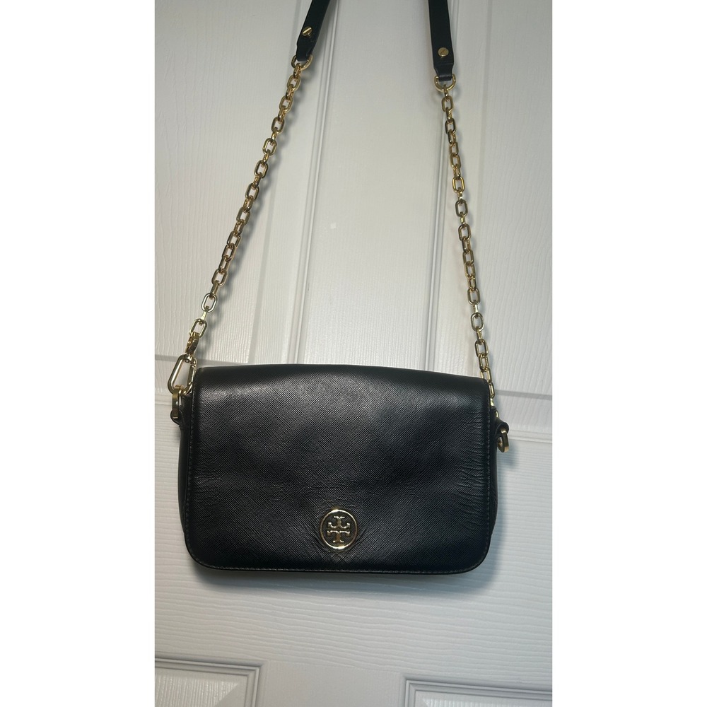 Tory Burch Robinson Black Saffiano Leather Chain Flap Crossbody Shoulder Bag‎